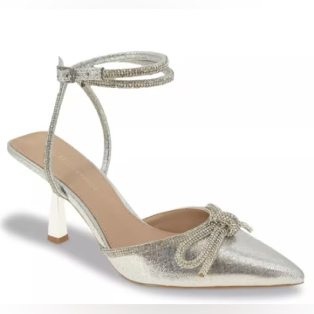 BCBGeneration Ildy Silver Rhinestone Bow and Buckle Ankle Wrap Closure Pump
